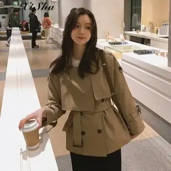 xisha时尚女装卡其色风衣女秋季新款小个子英伦风气质上衣外套今流行