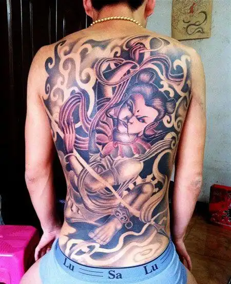 满背彩色哪吒纹身图案