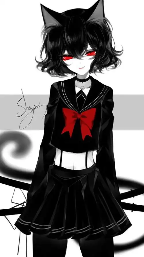 暗黑系列少女插画,黑白色调沉闷压抑,红色的点缀更添诡异