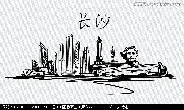 手绘插画建筑素描线描插画城市建筑剪影天际线长沙美食宣传册景点企业