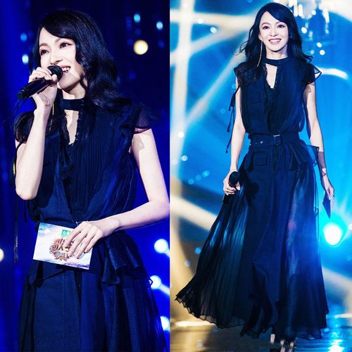 2018夏季明星我是歌手张韶涵同款牛仔拼接不规则百褶长裙连衣裙潮