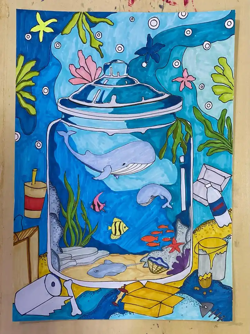 【原创】科幻画 海洋环保主题 海洋漂流瓶 a4马克专用纸,马克笔,0.