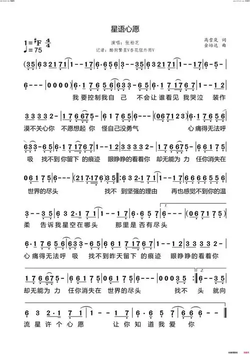 星语心愿简谱-张柏芝演唱-高雪岚/金培达词曲1