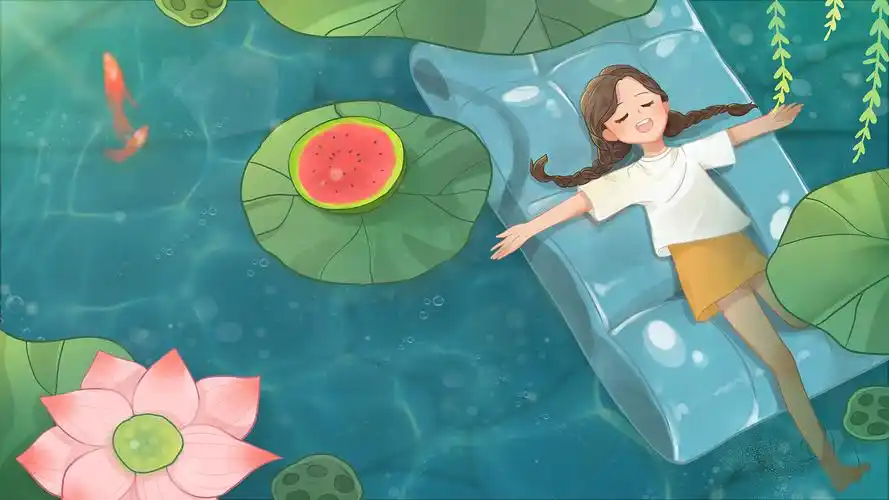 夏天背景夏天背景卡通手绘夏天俯瞰水面ae动态模板荷花背景视频素材