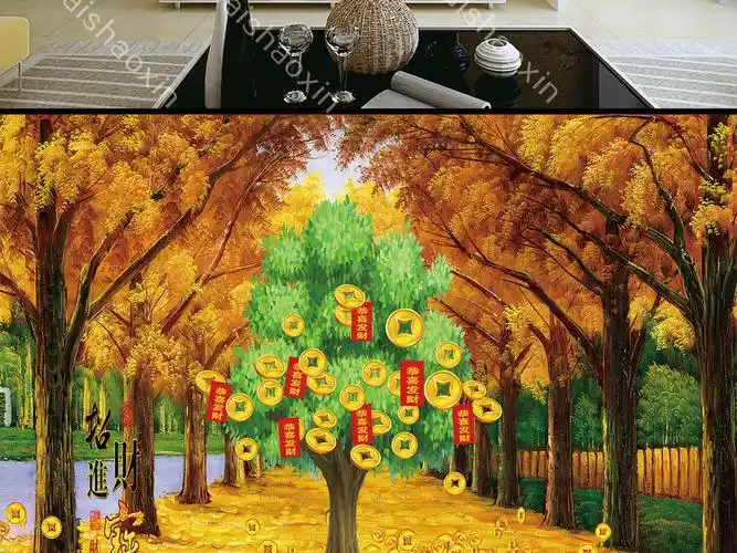 黄金树摇钱树招财进宝油画背景墙