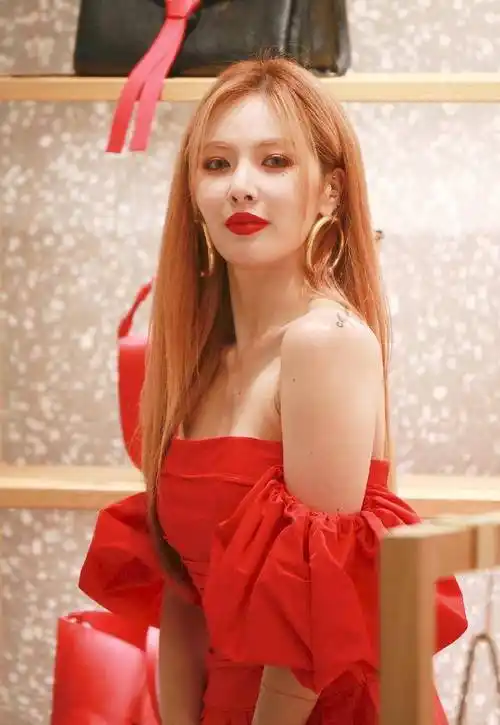 泫雅貌似偏爱浓妆艳抹,一头栗红色的长发搭配烈焰红唇,浑身向外散发