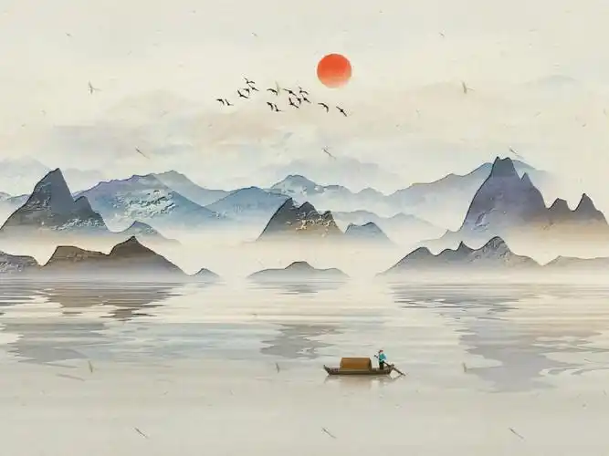 今天分享一波主题为江南烟雨行舟的古风唯美小清新海报素材插画背景图