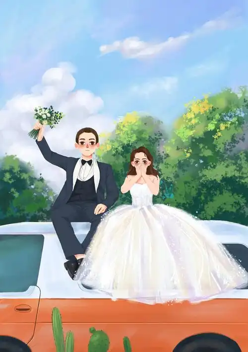 婚纱照手绘,儿插场景,肌理风插画