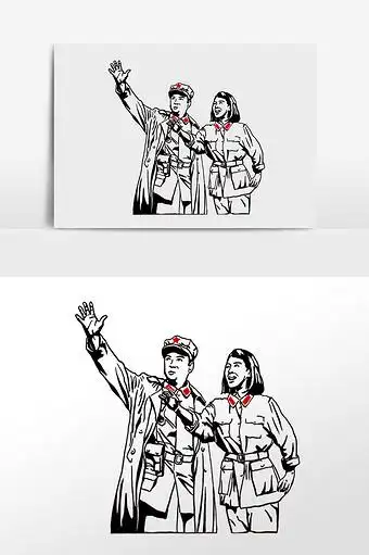 手绘黑色革命军人人物席剪影插画