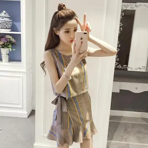 夏装新款无袖背心上衣系带高腰短裙时尚气质两件套小清新套装裙女