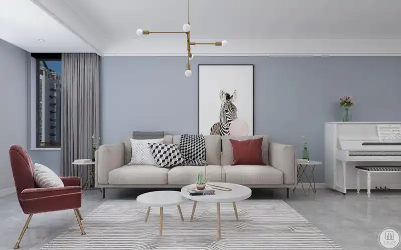 女业主喜欢蓝色 沙发背景墙便空出一面做了饱和度低的雾霾蓝色