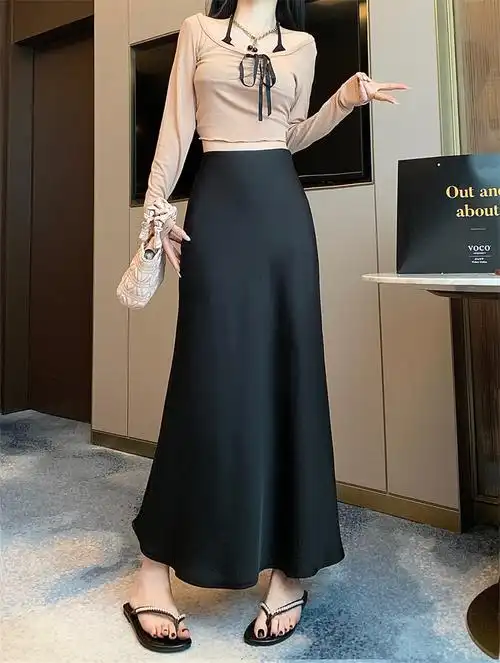 实拍~鱼尾裙半身裙女春季新款丝滑缎面垂感包臀中长款高腰a字裙 - 17