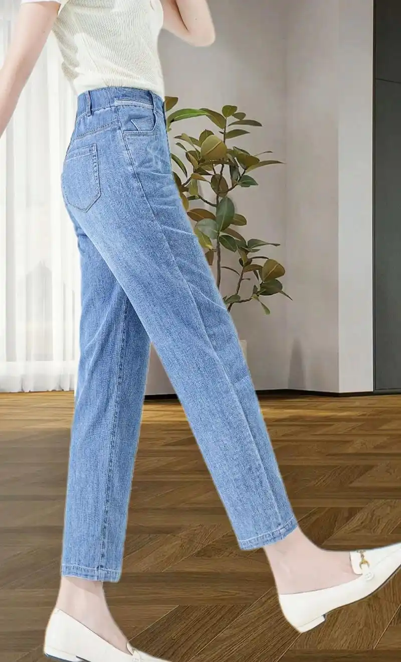 天丝牛仔裤女夏季薄款宽松裤子冰丝九分裤显瘦哈伦裤2024新款女裤
