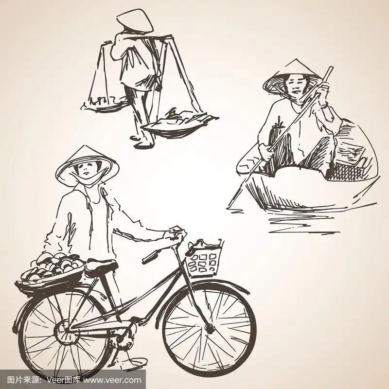 越南人的剪影,水果,自行车和船.