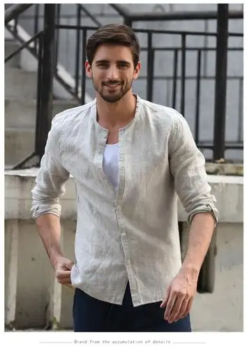 棒球领亚麻衬衫男士休闲立领修身麻料长袖上衣透气棉麻衬衣男棕灰色l