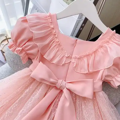 裙子小女孩连衣裙 女童洛丽塔公主裙夏装 儿童粉色网纱裙洋气泡泡袖