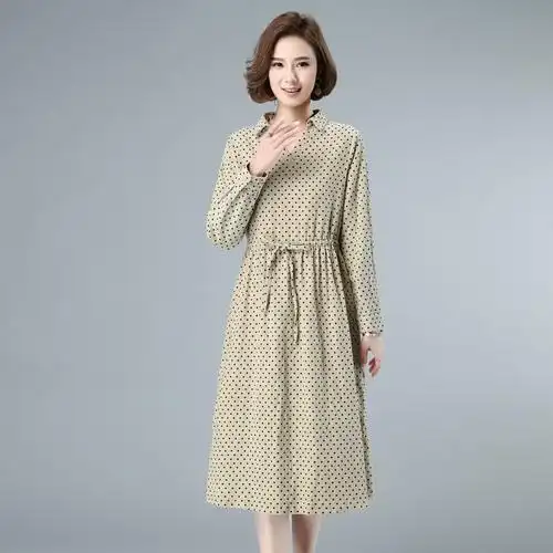 春秋过膝长款女复古文艺范小波点灯芯绒中年妈妈长袖连衣裙子长裙