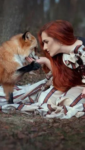 红头发的女孩和狐狸坐在地上