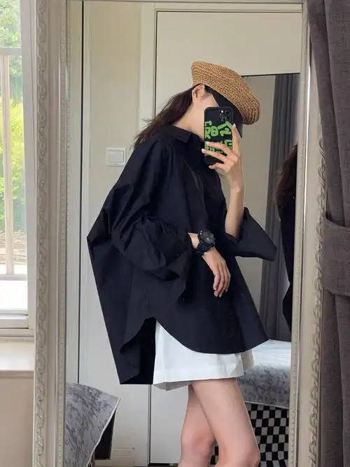 freedmst 挺括有型气质黑色衬衫女春2024简约宽松长袖衬衣 - 17网