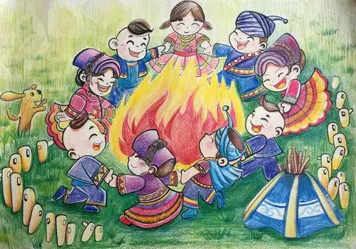 少儿书画作品-七月火把节/儿童书画作品七月火把节欣赏_中国少儿美术