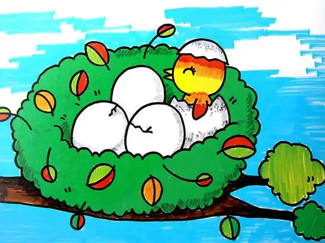 鸟巢中的小鸟,图片,儿童画教程-学笔画