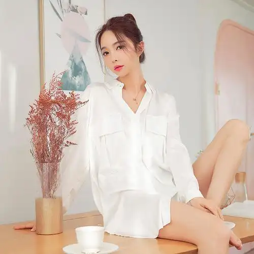 春夏oversize风睡衣女冰丝家居服双口袋长袖性感男友风衬衫睡裙