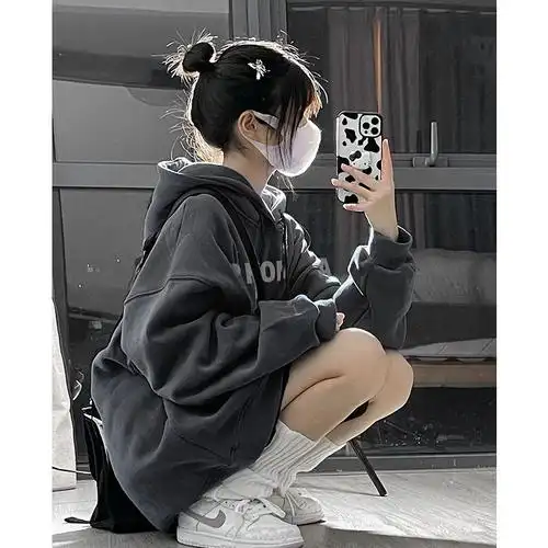 美式复古深灰色连帽卫衣女oversize大码春秋季情侣装2022新款外套