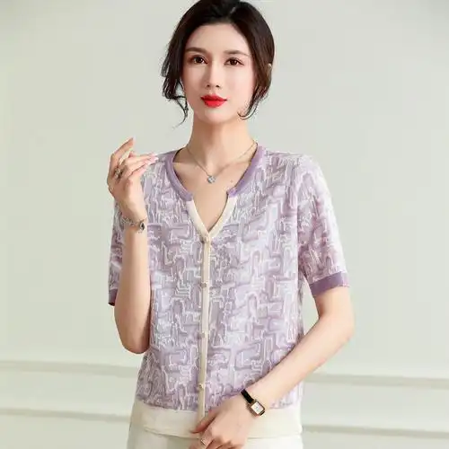 妈妈夏装短袖冰丝v领上衣40岁50中老年女装高贵针织t恤母亲节衣服