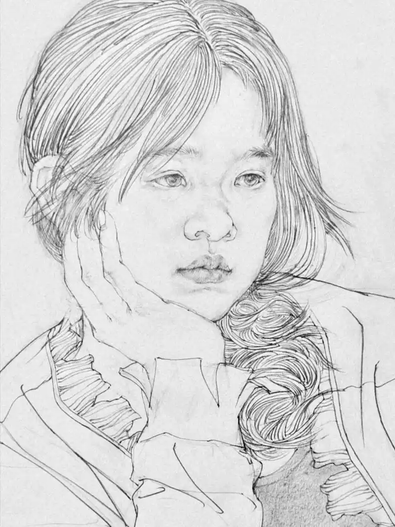 中国画白描工笔线描人物写生 压箱底的画,去年的线描人物写生😬