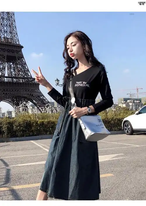 牛仔连衣裙女时尚拼接气质2018秋季新款长袖潮流韩版显瘦牛仔裙