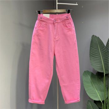 歆栩少女初中学生夏天穿的裤子粉色休闲老爹牛仔裤特300斤宽松洋气