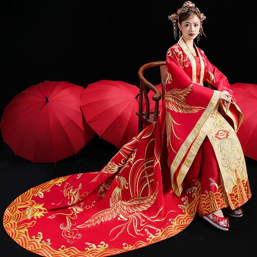 汉式婚服情侣套装男女款结婚中式婚礼周制长拖尾凤冠霞帔演出汉服