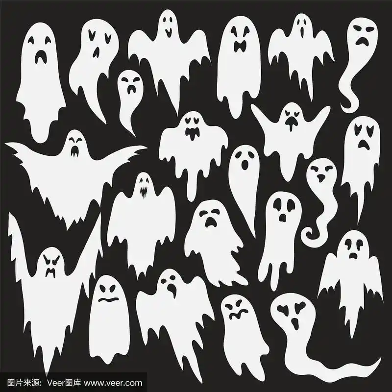 幽灵幽灵白色苍蝇有趣可爱的邪恶恐怖剪影可怕的10月节日设计或服装
