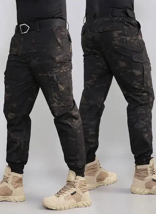 时尚男士防水登山狩猎多口袋弹力袖口裤军事战术迷彩战斗工装裤