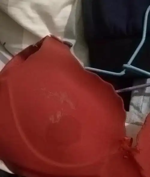 据罗先生提供的图片显示,红色的胸罩的两侧都出现了白色的斑点,一条