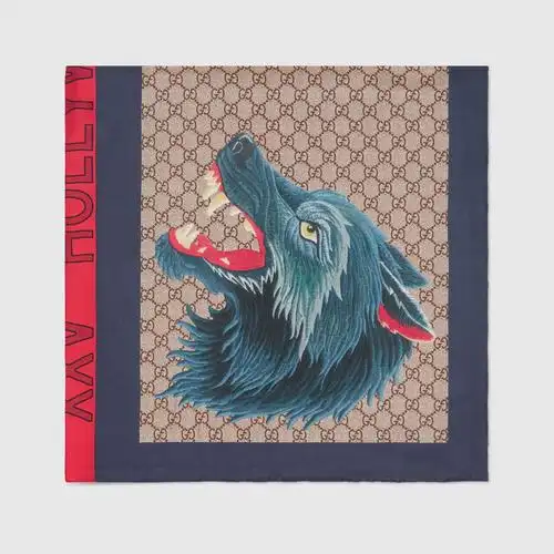 饰狼头图案和条纹织带真丝围巾