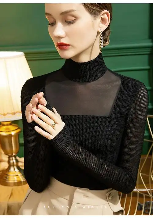 纱衣打底衫春季新款半高领女性感网纱拼接修身内搭黑色长袖上衣黑色s