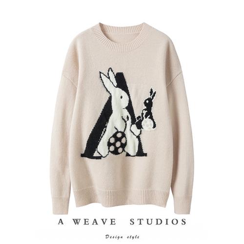 卡通兔子提花~100%纯羊绒圆领套头羊绒针织毛衣女2024春减龄