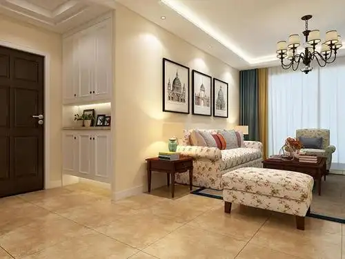 沙发背景没有什么特别的设计,地砖以深黄色的亚光砖为主,主要是显现