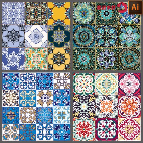 漂亮的波西米亚风复古格子欧式花纹花砖地砖印花图案矢量设计素材