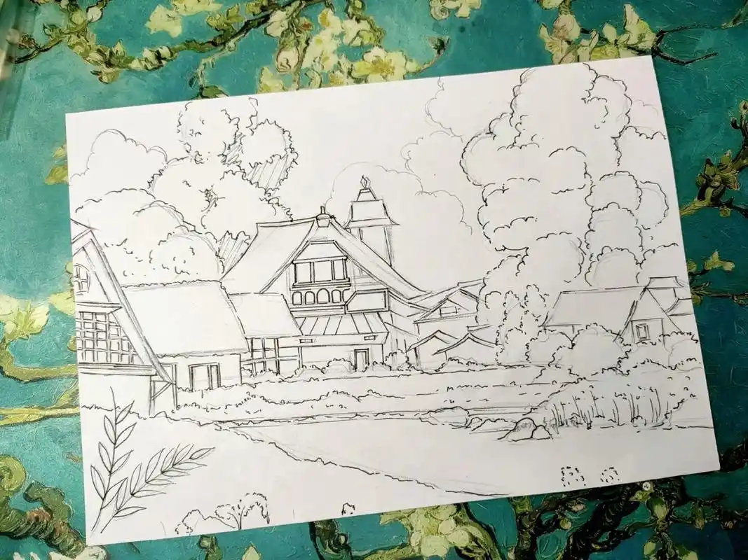 马克笔风景画《宫崎骏动漫场景》线稿 #马克笔手绘# #风景画# #绘画