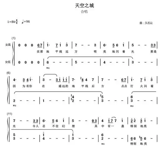 天空之城 中文版 编配改编合唱简谱钢琴伴奏五线谱 - 抖音