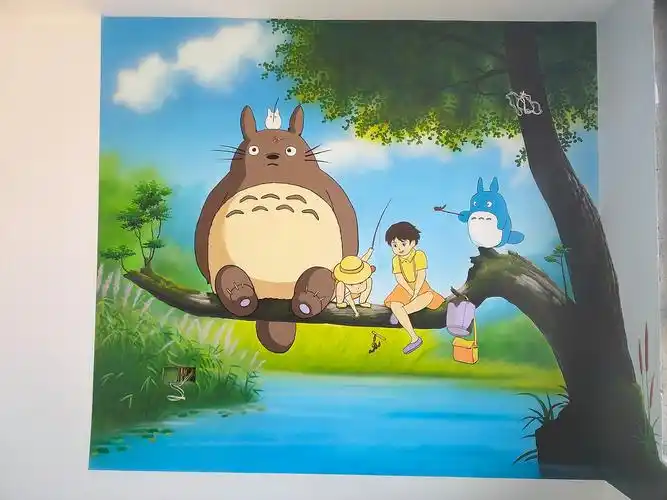 卡通画宫崎骏墙绘国画山水山清水秀圆形山水仕女图荷花