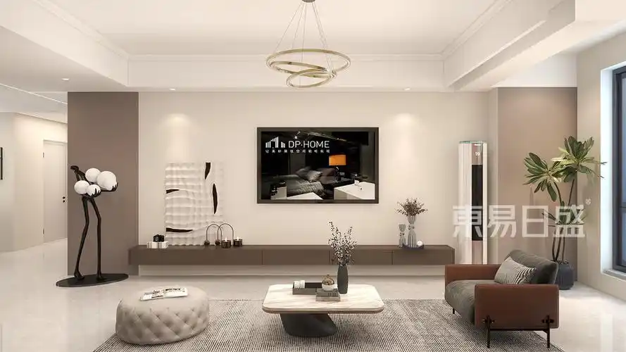 电视背景采用乳胶漆调色电视背景墙长度较长采用两边跳色对称设计增加