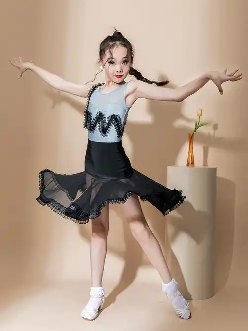 拉丁舞见蒂儿童女童练功女孩跳舞裙摆比赛比赛服儿童演出服