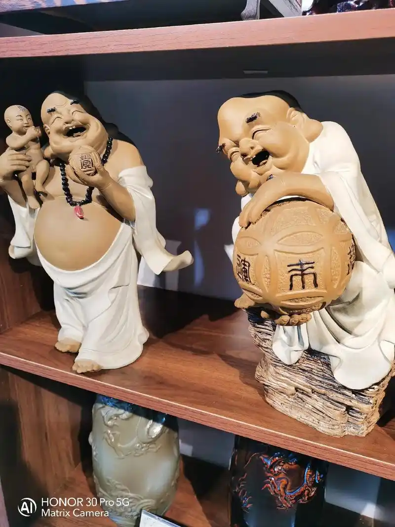 南派陶艺大师谢林生纯手工作品《时来运转》《富贵临门》开心弥勒