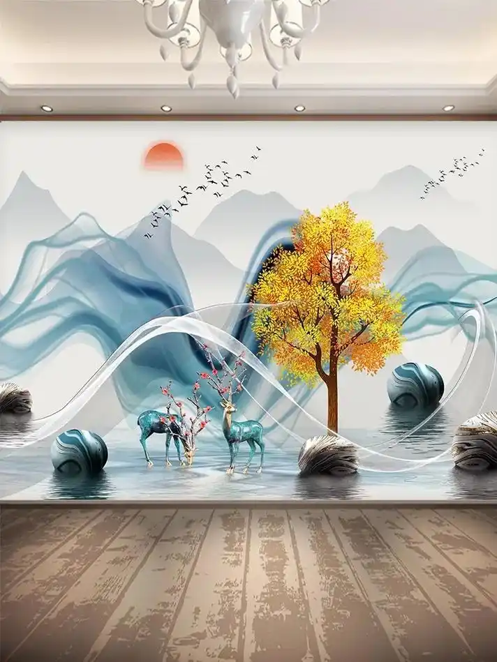 新中式抽象山水画墙纸自粘风景画客厅沙发背
