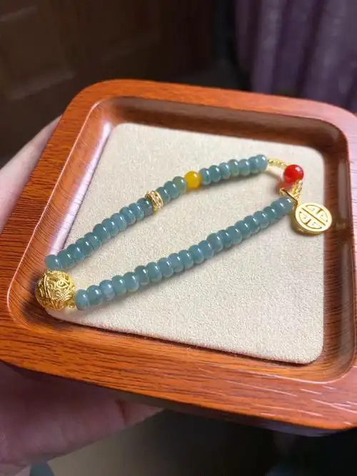 天然翡翠a货蓝水算盘珠手串搭配蜜蜡98