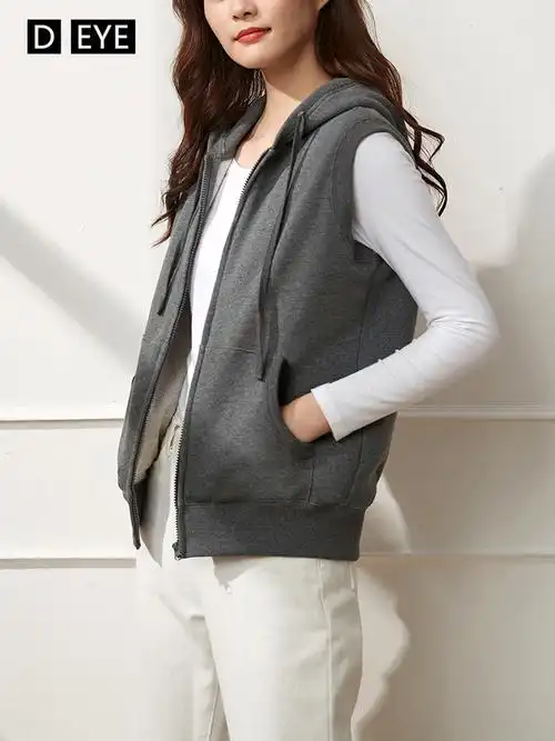 马甲女春秋季运动纯棉无袖卫衣马夹连帽背心开衫单层外搭薄款外套