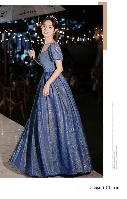 法式星空晚礼服裙女2021新款气质长款蓝色主持演出宴会年会艺考闪